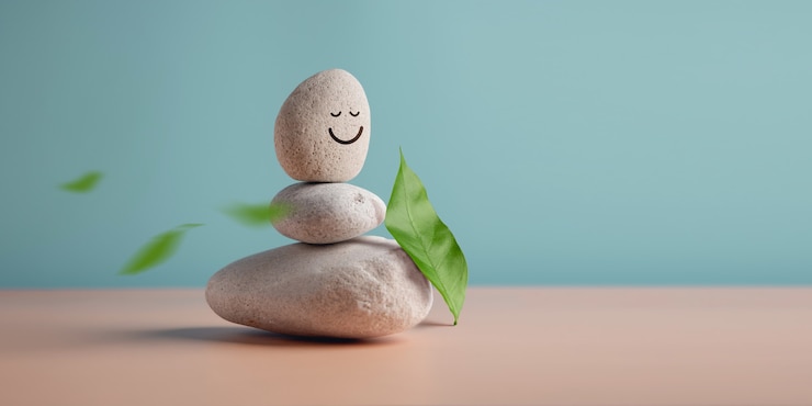 Foto godersi l'armonia della vita e il concetto di mente positiva pila di ciottoli stabili con faccina sorridente