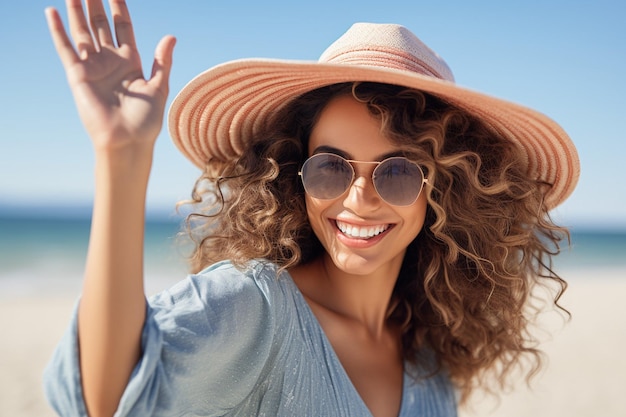 Godersi le vacanze estive ritratto di una donna sorridente e spensierata con il cappello che si rilassa nel viaggio in piscina