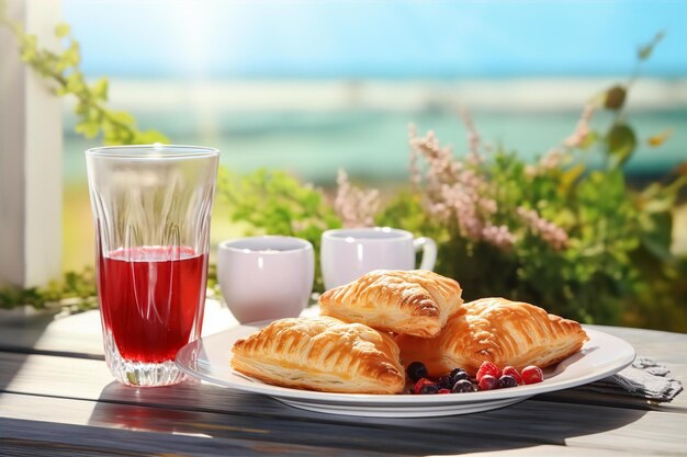 Godetevi gli spuntini del pranzo nel cortile sul retro con il mirtillo e il succo sul tavolo di legno