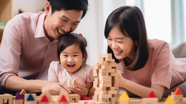 Goditi l'amore felice asiatico grande famiglia padre e madre con la bambina sorridente attività impara e abilità allenamento cerebrale gioca con il giocattolo costruisci blocchi di legno gioco educativo da tavolo a casa