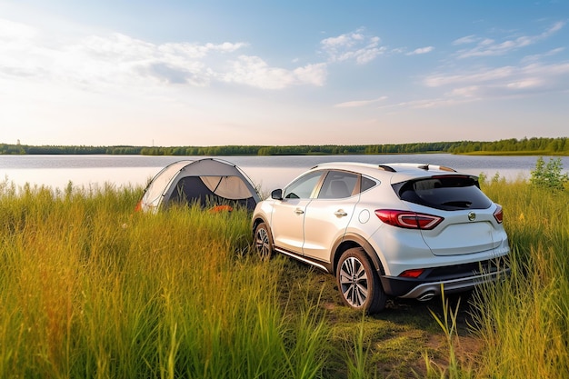Goditi la natura nell'erba sul lago Attività estive in campeggio Viaggi avventura con tende per auto