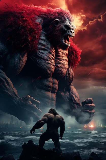 Godzilla e Kong contro un malvagio Kong rosso al centro in una notte di tempesta nello stile del realista