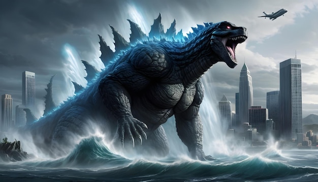 Godzilla emerge dalle profondità dell'oceano, l'acqua scende in cascata nella sua forma colossale.