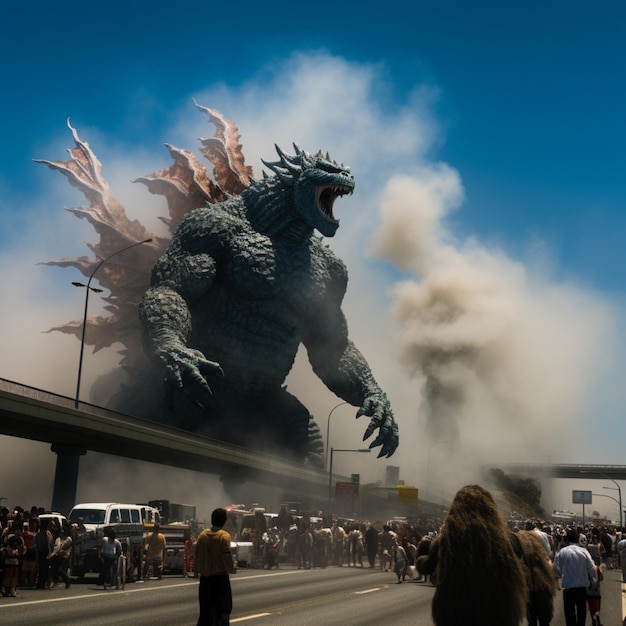 Godzilla fa un caos mostruoso in una città californiana immagine arte generata dall'IA