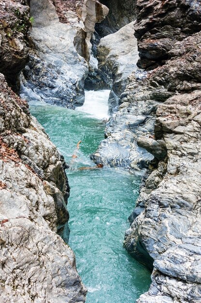 Gola estiva del Liechtensteinklamm con ruscello e cascate in Austria.