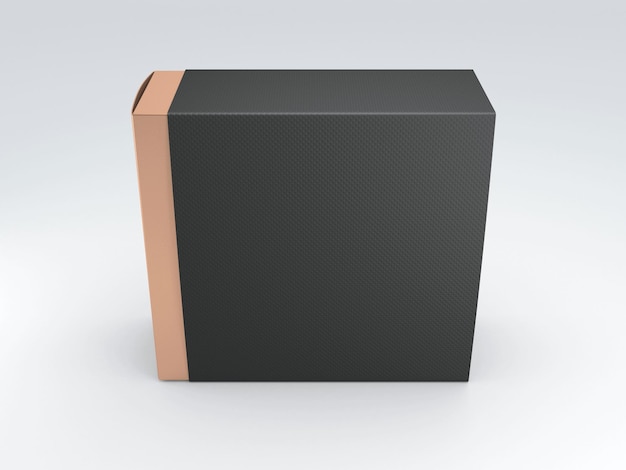 Gold Box con copertina nera su sfondo grigio. rendering 3D