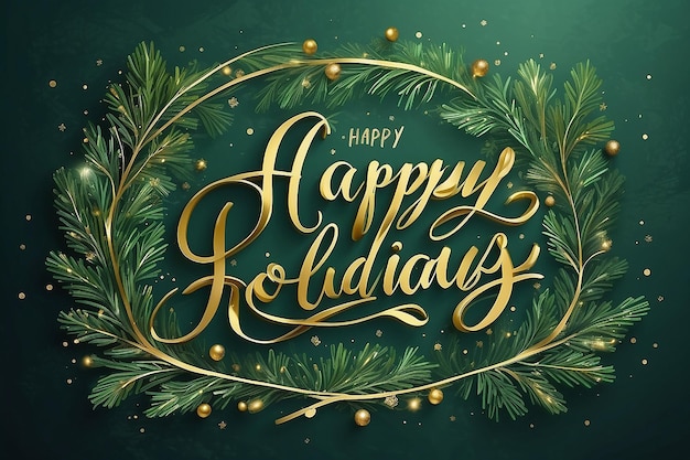 Gold Happy Holidays Christmas Calligraphy Gold Foil Script with Green Tree Evergreen Background Texture