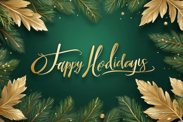 Gold Happy Holidays Christmas Calligraphy Gold Foil Script with Green Tree Evergreen Background Texture