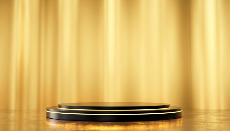 Gold Silk wall and metallic Podium Standing Template for Products Advertising and Commercial, 3D rendering.