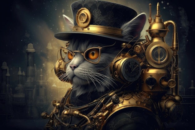 Gold Steampunk Cat On Smoke Steam Sparks Background AI generativa