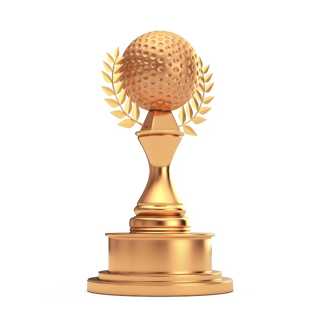 Golden Award Trophy con Golden Golf Ball e Laurel Wreath 3d Rendering