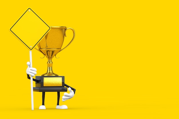 Golden Award Winner Trophy mascotte personaggio personaggio con cartello stradale giallo e spazio libero per il tuo design su uno sfondo giallo. Rendering 3D