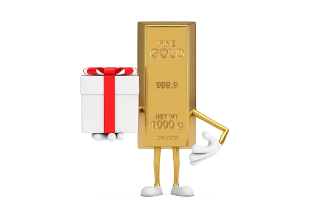 Golden Bar Cartoon persona carattere mascotte e confezione regalo con nastro rosso su sfondo bianco rendering 3d