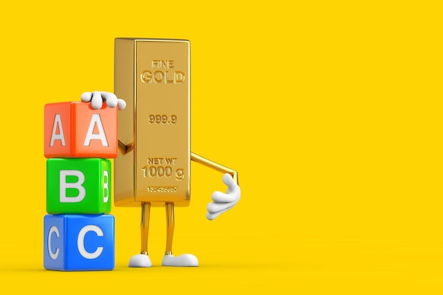 Golden Bar Cartoon persona personaggio mascotte con alfabeto ABC Education Cubes su sfondo giallo rendering 3d