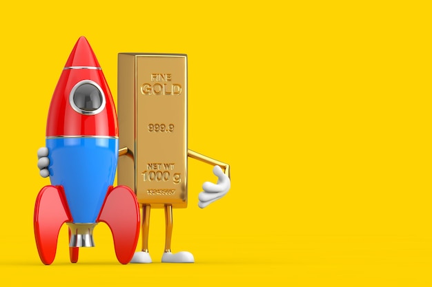 Golden Bar Cartoon persona personaggio mascotte con Cartoon Toy Rocket su sfondo giallo rendering 3d