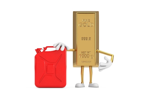 Golden Bar Cartoon persona personaggio mascotte con contenitore in metallo rosso Jerrican su sfondo bianco rendering 3d
