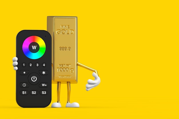 Golden Bar Cartoon persona personaggio mascotte con controllo dell'illuminazione a distanza a infrarossi per lampada a LED RGB o striscia RGB su sfondo giallo rendering 3d