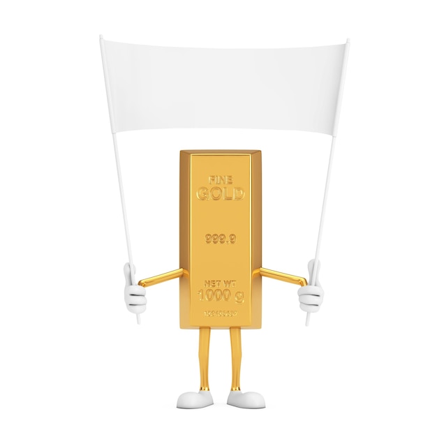 Golden Bar Cartoon persona personaggio mascotte e banner vuoto bianco vuoto con spazio libero per il tuo disegno su sfondo bianco rendering 3d