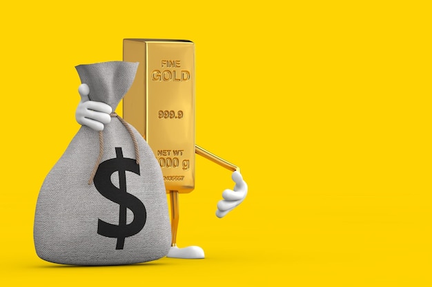 Golden Bar Cartoon persona personaggio mascotte e legato tela rustica lino sacco di denaro o borsa di denaro con segno di dollaro su sfondo giallo rendering 3d