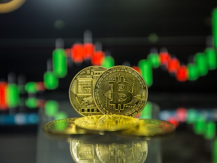 Golden bitcoin are stacked on a bright background of business graphs close-up. Bitcoin cryptocurrency.