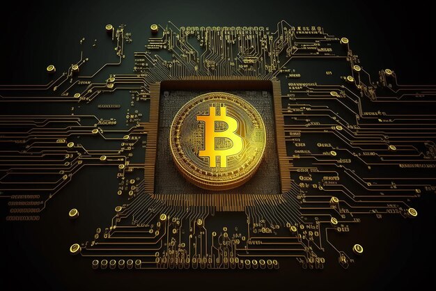 Golden bitcoin sul circuito Ai generato art