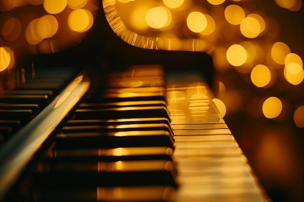 Golden Bokeh Lights Over Piano Keys CloseUp (Lumi dorate sopra le chiavi del pianoforte)