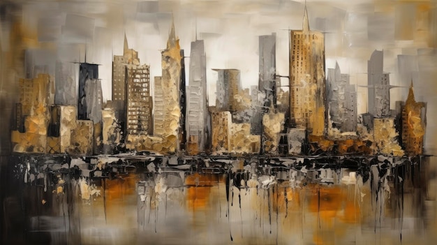 Golden Cityscape Grande pittura ad olio astratta su tela Arte moderna su misura con edifici dorati testurizzati