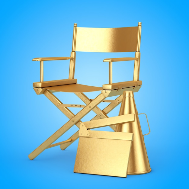 Golden Director Chair, Movie Clapper e Megaphone su sfondo blu. Rendering 3D