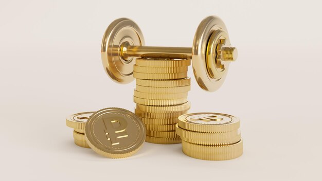 Golden dumbbell withe ruble coin isolata su uno sfondo bianco Concetto di business 3D rendering