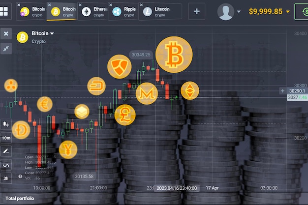 Golden Ethereum bit coin modello e grafico del mercato azionario per le attività finanziarie di criptovaluta su banner sfondo nero Criptovaluta Bitcoin