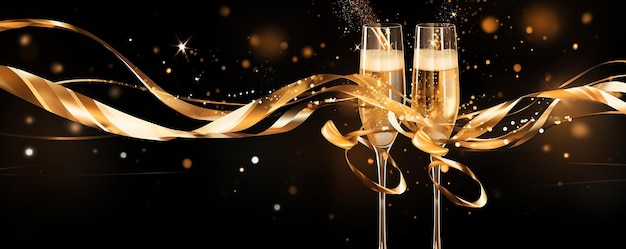 Golden Fizz Due flauti da champagne con strisce di carta dorata