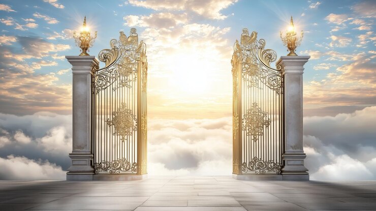 Golden gate opens to a heavenly scene above clouds