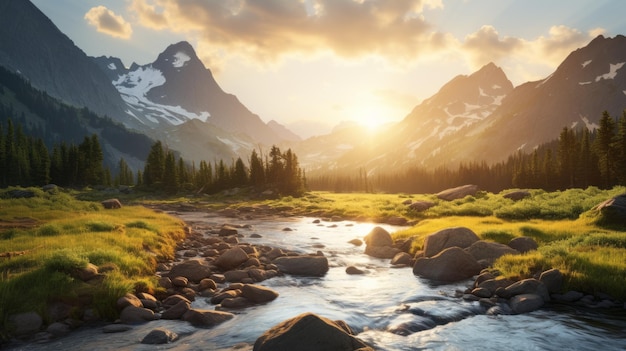 Golden Hour Wilderness Paesaggio Sunset Mountain Creek Fiume in stile Whistlerian