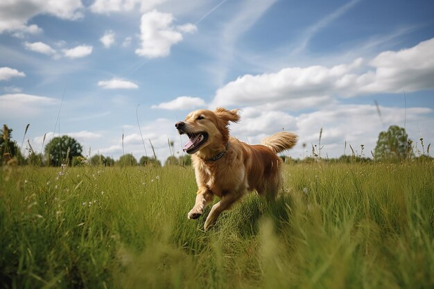 Golden Joy Dog che si diverte nel lussureggiante campo verde