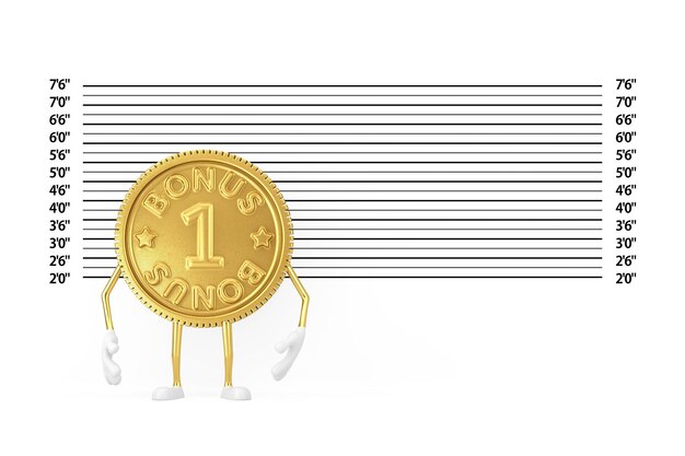 Golden Loyalty Program Bonus Coin Persona Personaggio Mascotte di fronte al primo piano estremo di Police Lineup o Mugshot Background. Rendering 3D