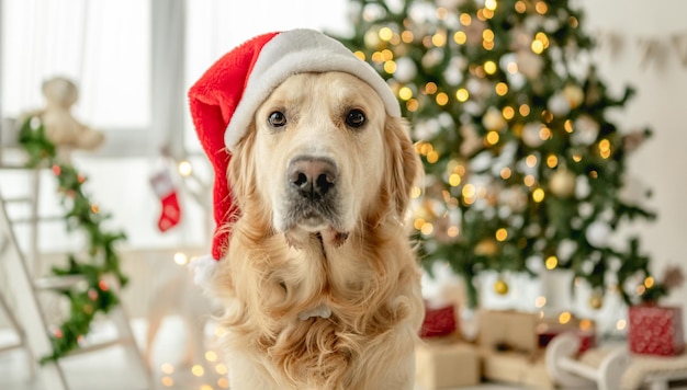 Golden retriever cane che indossa il cappello di Babbo Natale che guarda l'obbiettivo nel tempo di Natale in una stanza decorata con albero festivo di Natale. Doggy pet nella casa delle vacanze di Capodanno con le luci