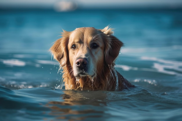 Golden Retriever cane che nuota nell'acqua blu