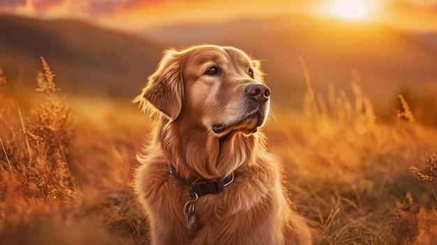 Golden retriever cane in un campo con il sole che tramonta dietro di lui