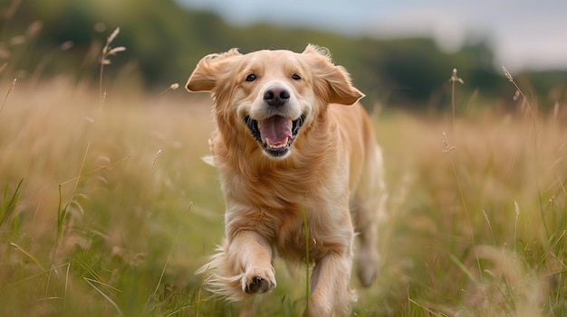 Golden Retriever che corre in un campo di erba alta in una soleggiata giornata d'autunno