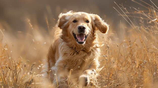 Golden retriever che corre nel campo di erba alta in una soleggiata giornata d'autunno