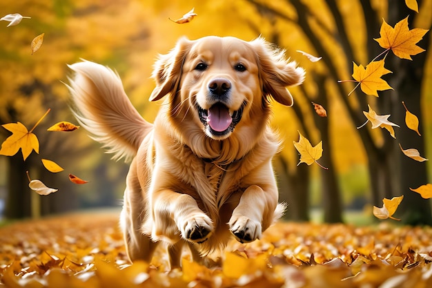 Golden Retriever che corre tra le foglie d'autunno