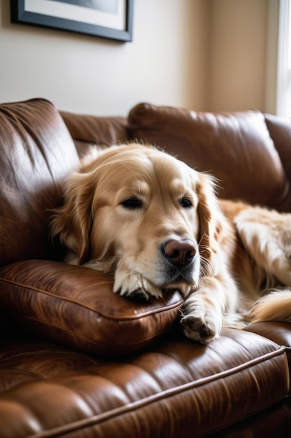 Golden retriever che dorme arruolato su un divano di pelle marrone accanto a cuscini decorativi