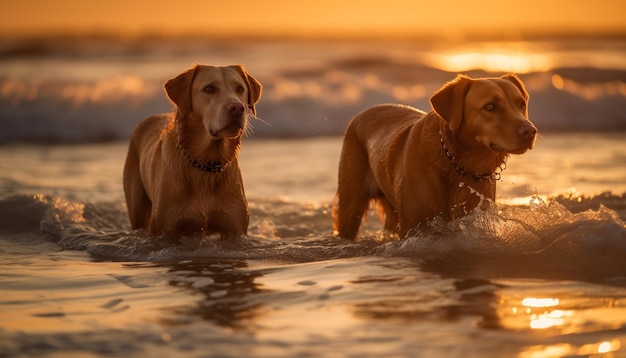 Golden retriever che gioca in onde bagnate al tramonto generate dall'intelligenza artificiale