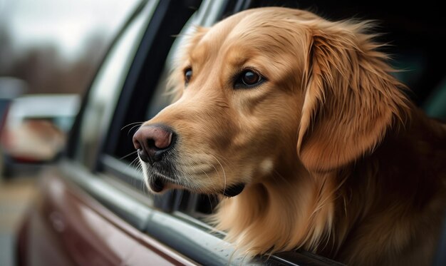 Golden Retriever che guarda fuori dalla finestra dell'auto AI generativa