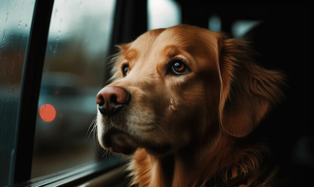 Golden Retriever che guarda fuori dalla finestra dell'auto AI generativa