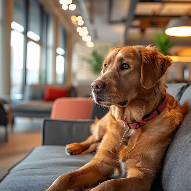 Golden Retriever che si rilassa sul divano dell'ufficio