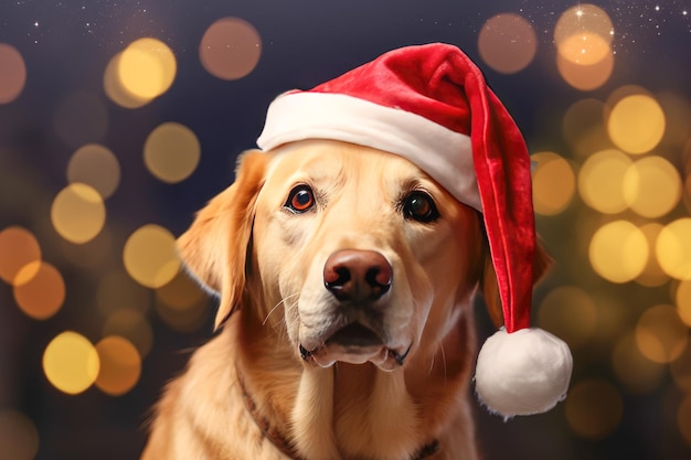 Golden retriever con un cappello di Babbo Natale su uno sfondo di bokeh luminoso Cartoline divertenti con animali domestici