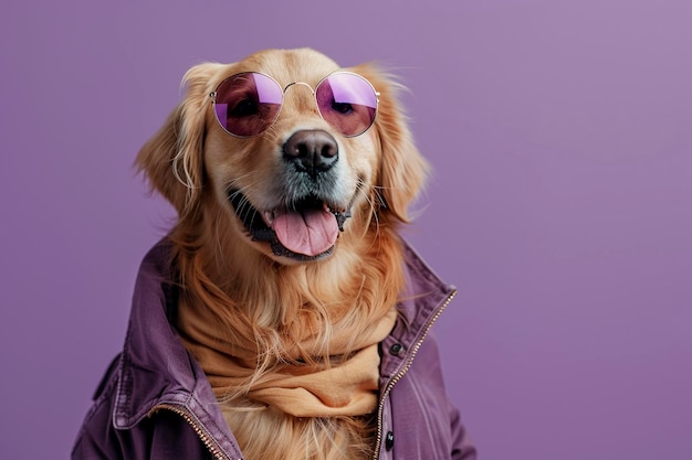 Golden Retriever con vestiti e occhiali da sole su sfondo viola