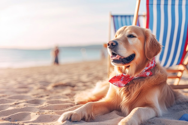 Golden retriever della razza del cane che riposa sulla spiaggia Generative AI