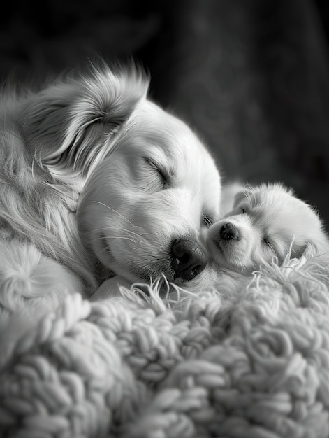 Golden Retriever e cucciolo che dormono insieme Genitore e cuccino condividono un momento tenero in monocromatico